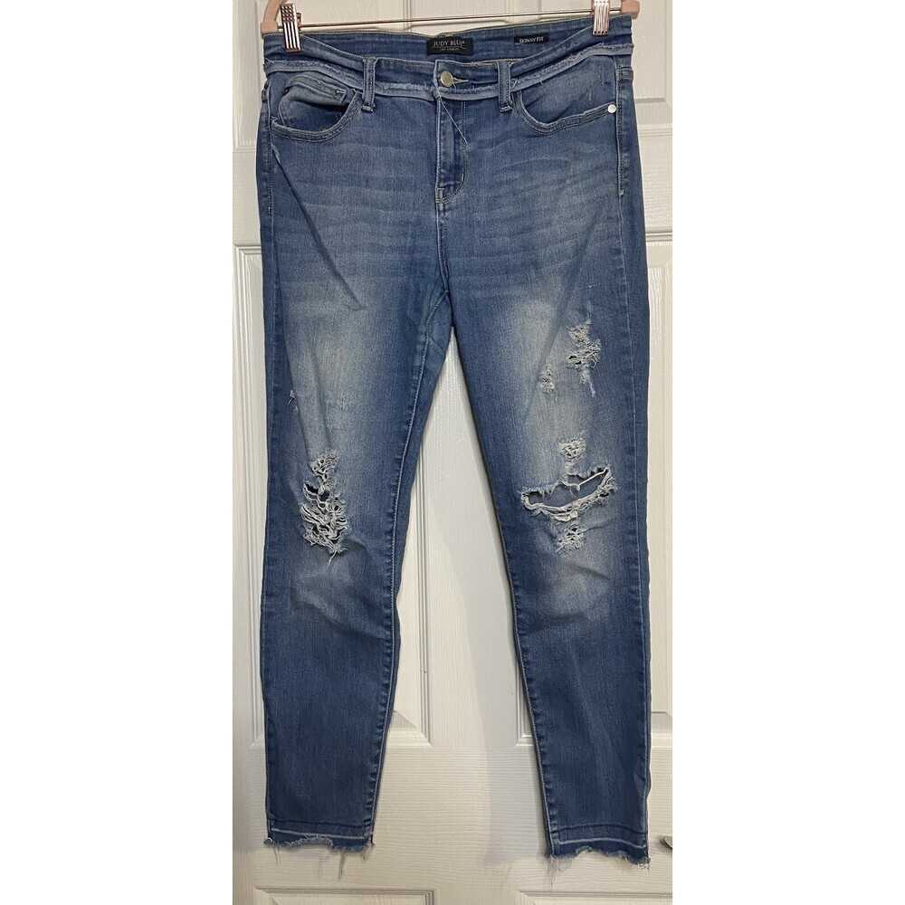 Judy Blue Jeans Sz 13/31 Exposed Buttonfly Skinny Fit Hi Rise Distressed